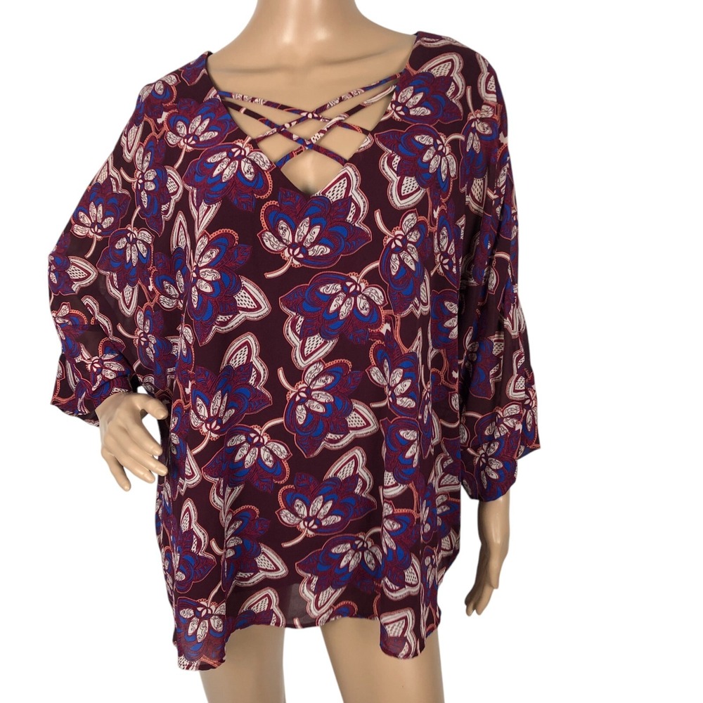 East Adeline Size 2X Multicolor Floral Print Blouse Shirt Top V-Neck Office Boho
